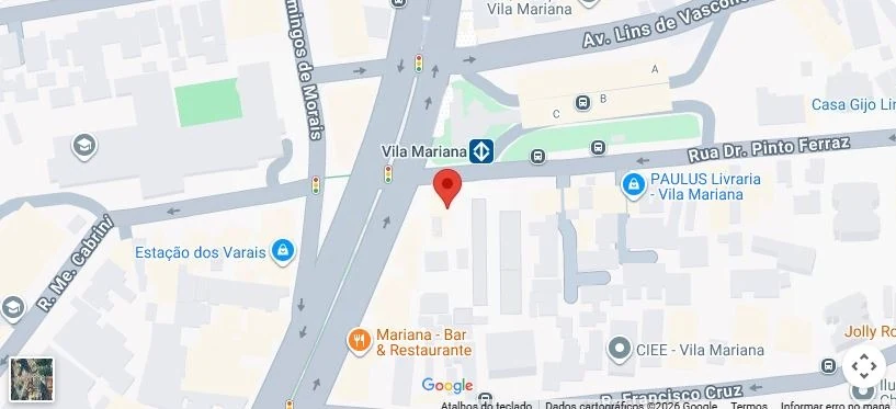 Mapa indicando a localização do consultório de psicologia na Rua Dr. Pinto Ferraz, 299, próximo à estação Vila Mariana do Metrô em São Paulo
